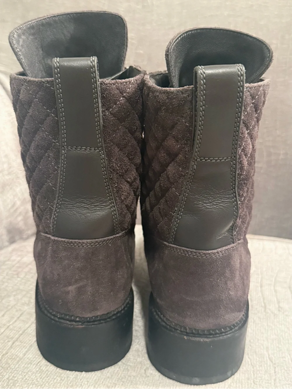 CHANEL G33769 Dark Gray Quilted Suede CC Combat Boots 41.5